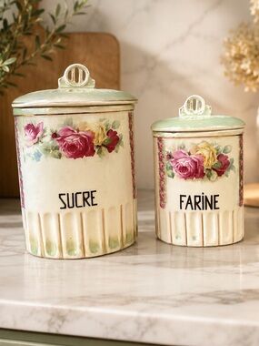 Vintage French Porcelain Canister Set SUCRE & FARINE Floral Kitchen Storage Jars